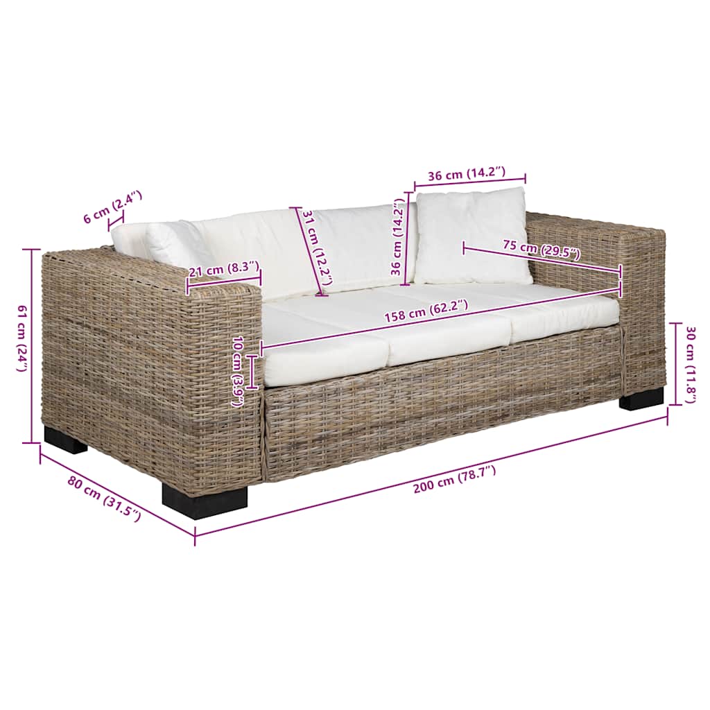 3-Sitzer Sofa Echtes Rattan