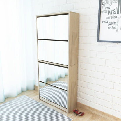 Schuhschrank mit 4 Fächern Spiegel Eiche 63×17×134 cm