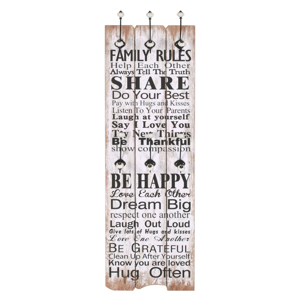 Wandgarderobe mit 6 Haken 120 x 40 cm "FAMILY RULES"