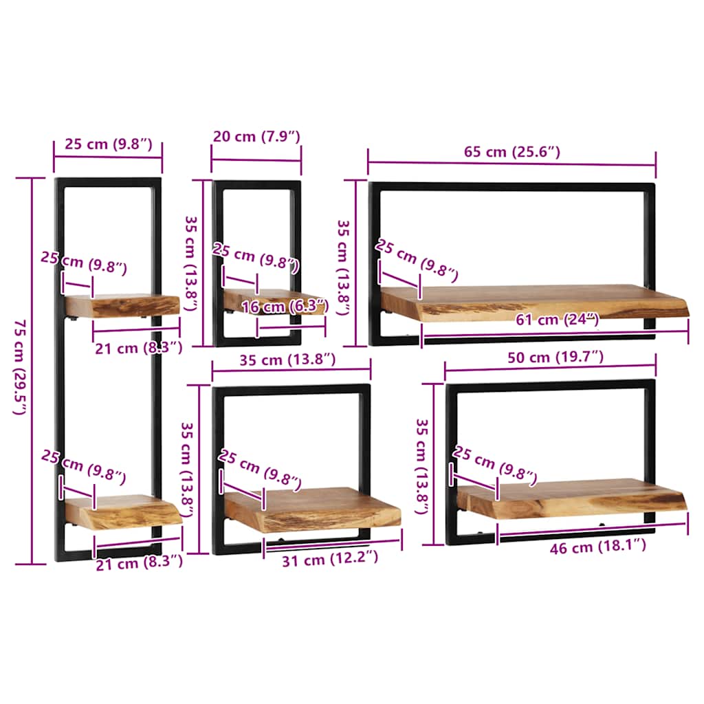 Wandregal-Set 5-tlg. Akazienholz Massiv und Stahl