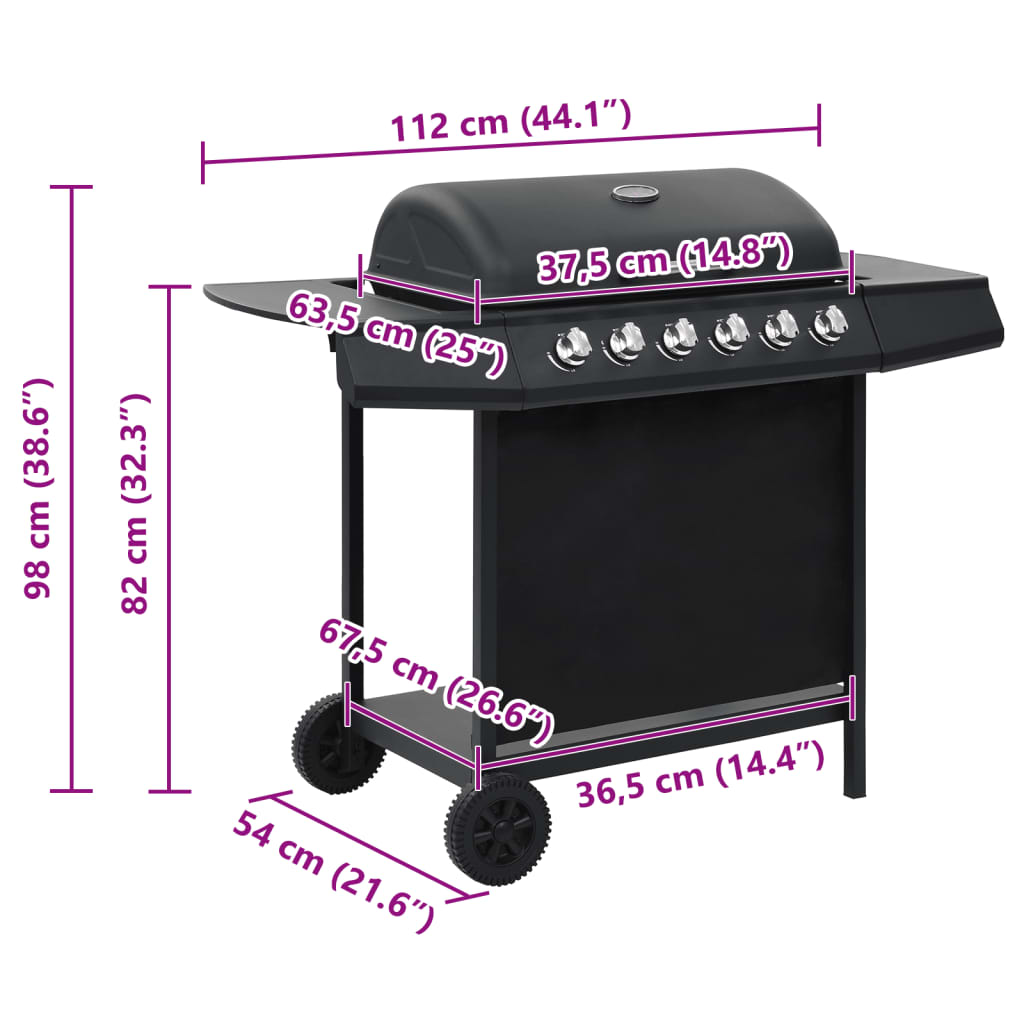 Gasgrill mit 6 Flammen Stahl Schwarz