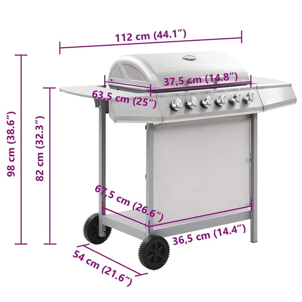Gasgrill mit 6 Flammen Edelstahl Silbern