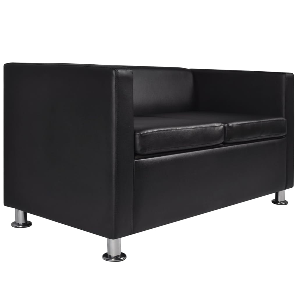 Sofa-Set Kunstleder 3-Sitzer + 2-Sitzer + Sessel Schwarz