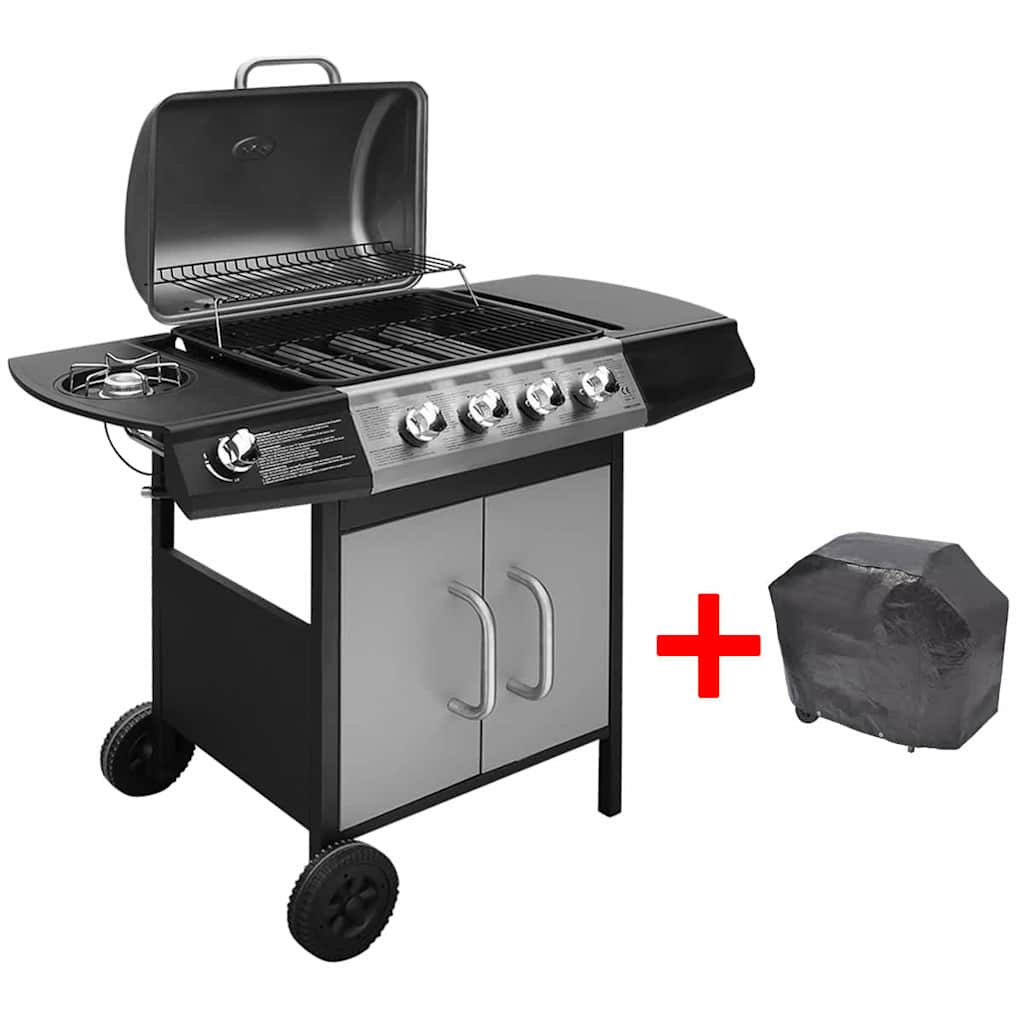 Gasgrill 4+1 Flammen Schwarz und Silbern