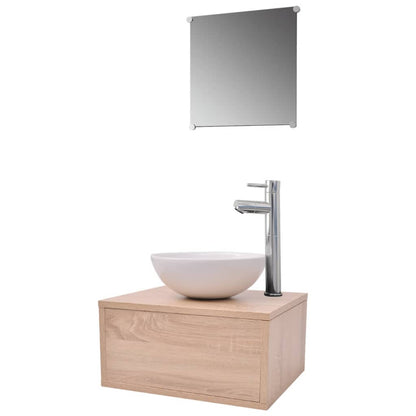 4-tlg. Badmöbel-Set mit Waschbecken und Wasserhahn Beige
