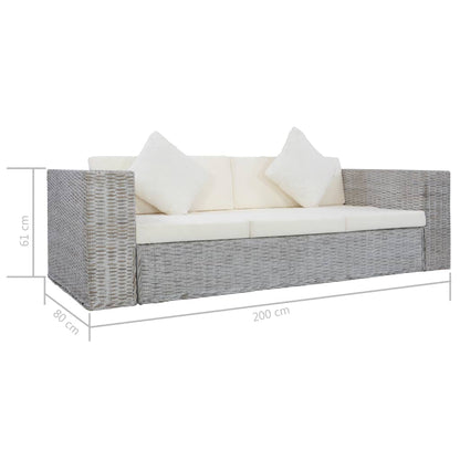 3-Sitzer-Sofa mit Kissen Grau Natürliches Rattan