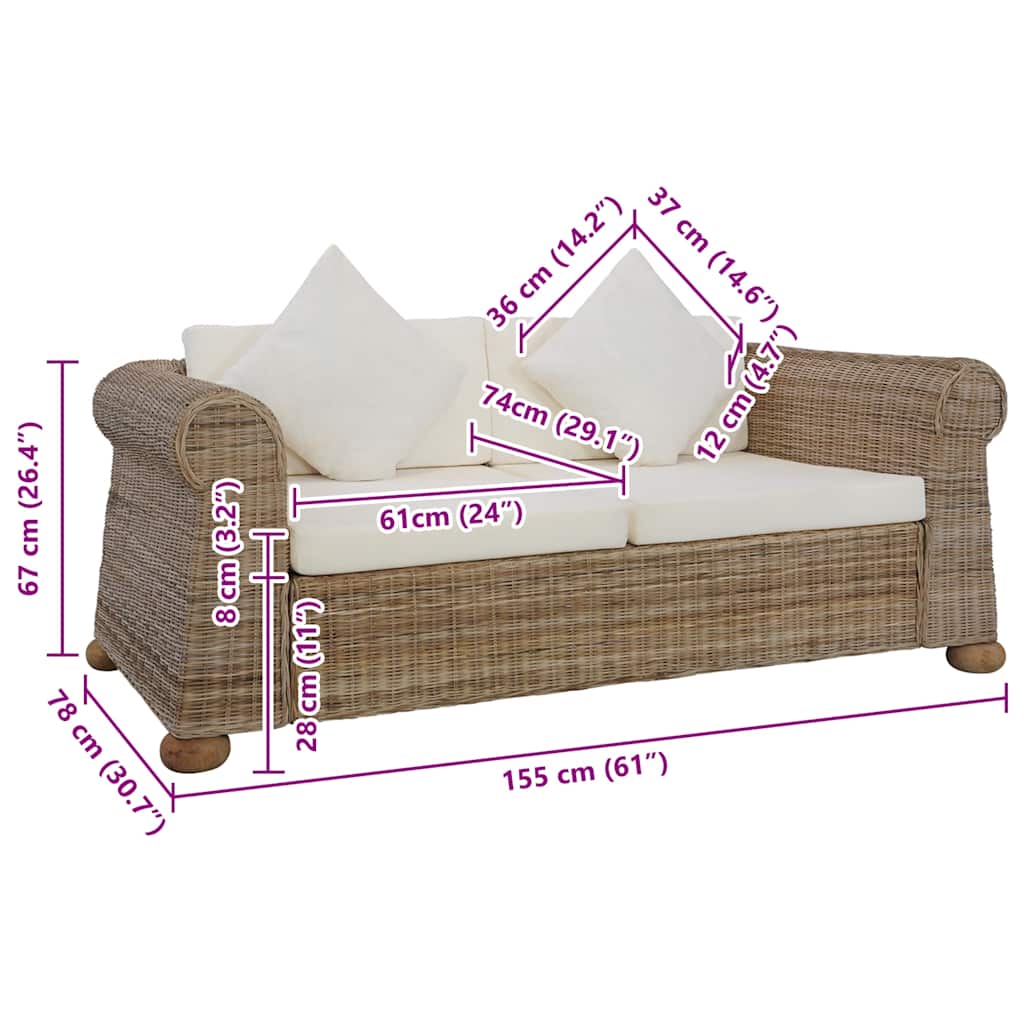 2-Sitzer-Sofa mit Kissen Natur Rattan