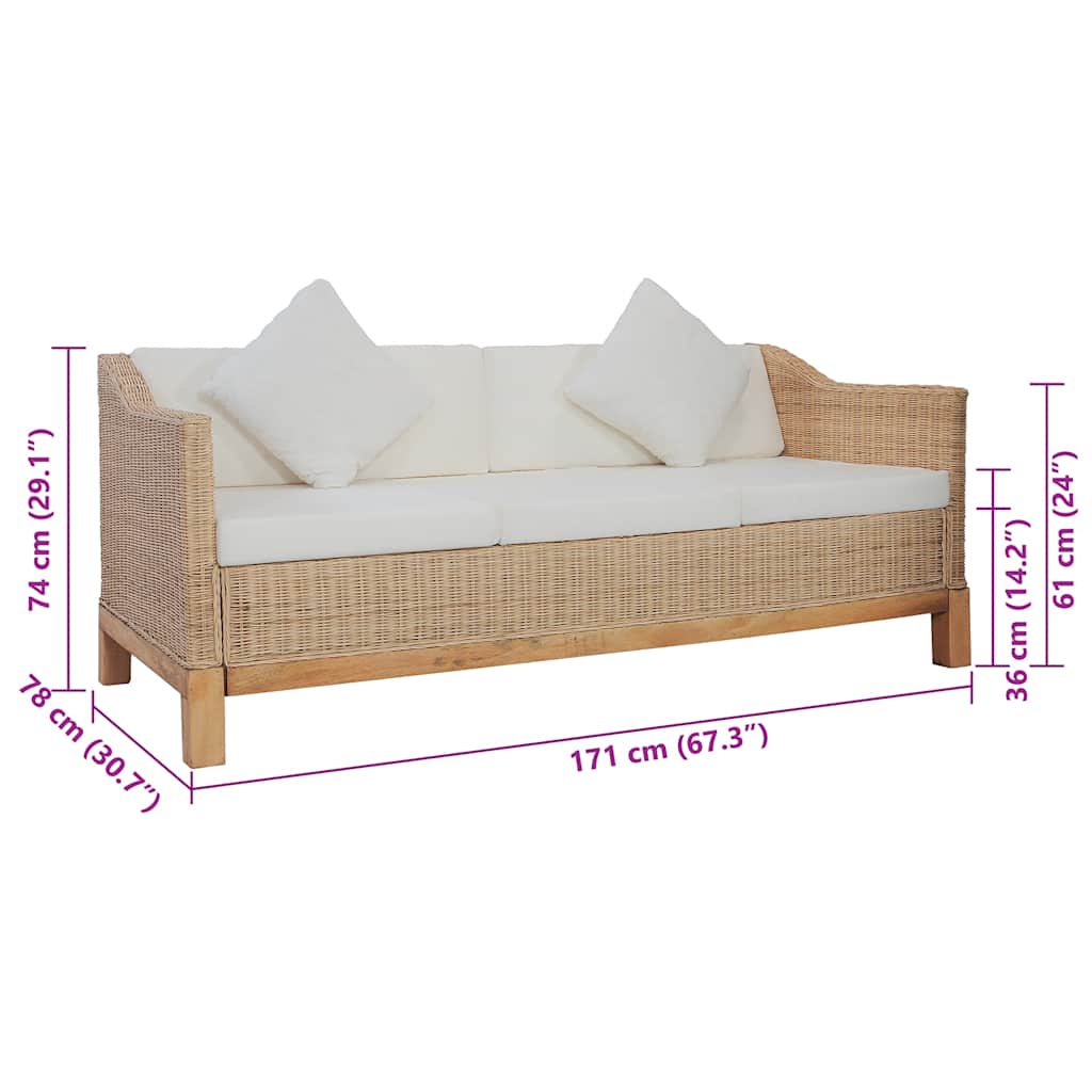 3-Sitzer-Sofa mit Kissen Natürliches Rattan