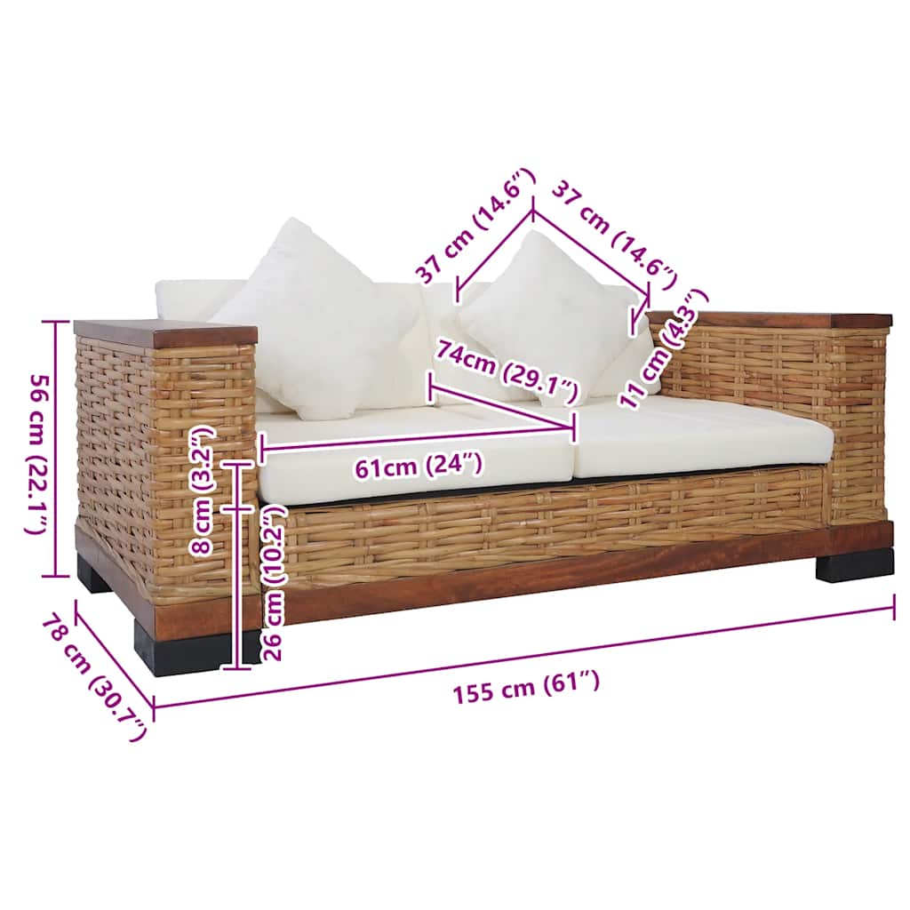 2-Sitzer-Sofa mit Auflagen Braun Natur Rattan