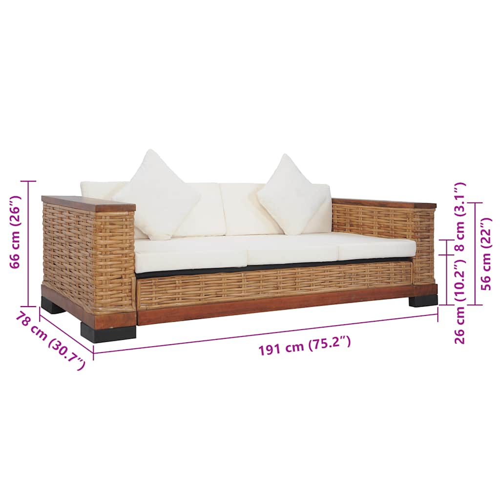 3-Sitzer-Sofa mit Kissen Braun Natürliches Rattan