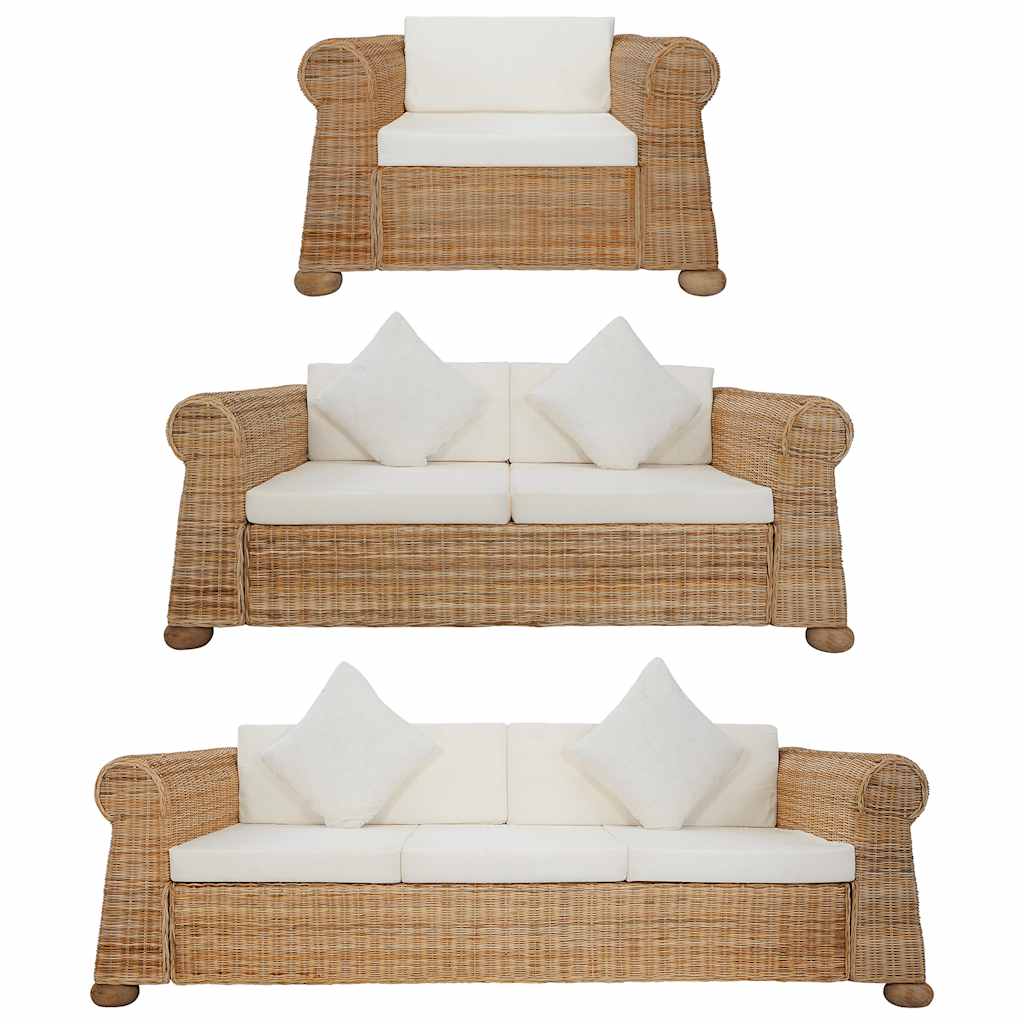 3-tlg. Sofagarnitur mit Kissen Natur Rattan