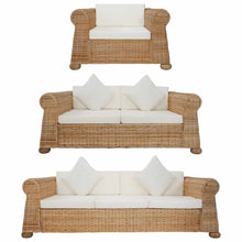 3-tlg. Sofagarnitur mit Kissen Natur Rattan
