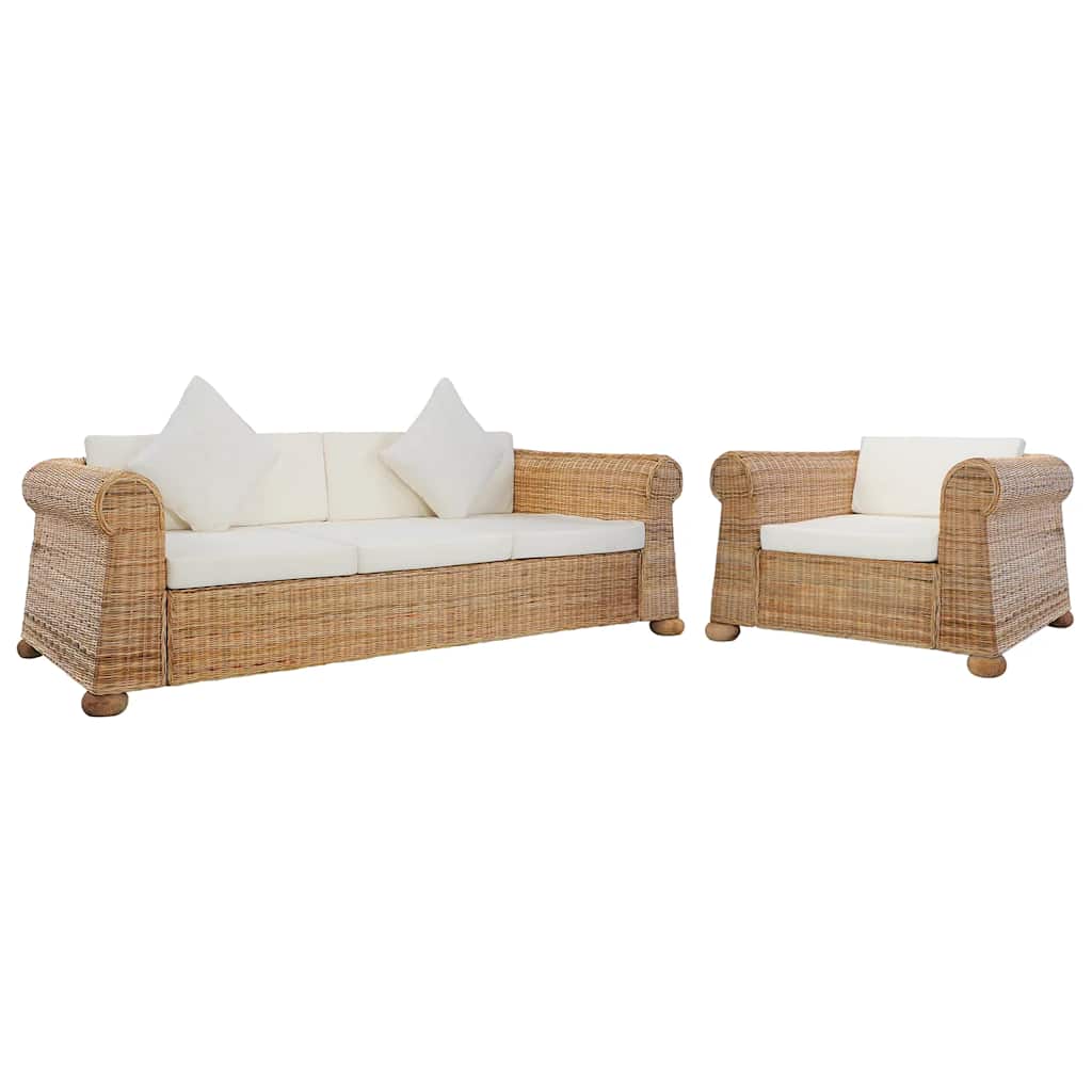 2-tlg. Sofagarnitur mit Kissen Natur Rattan
