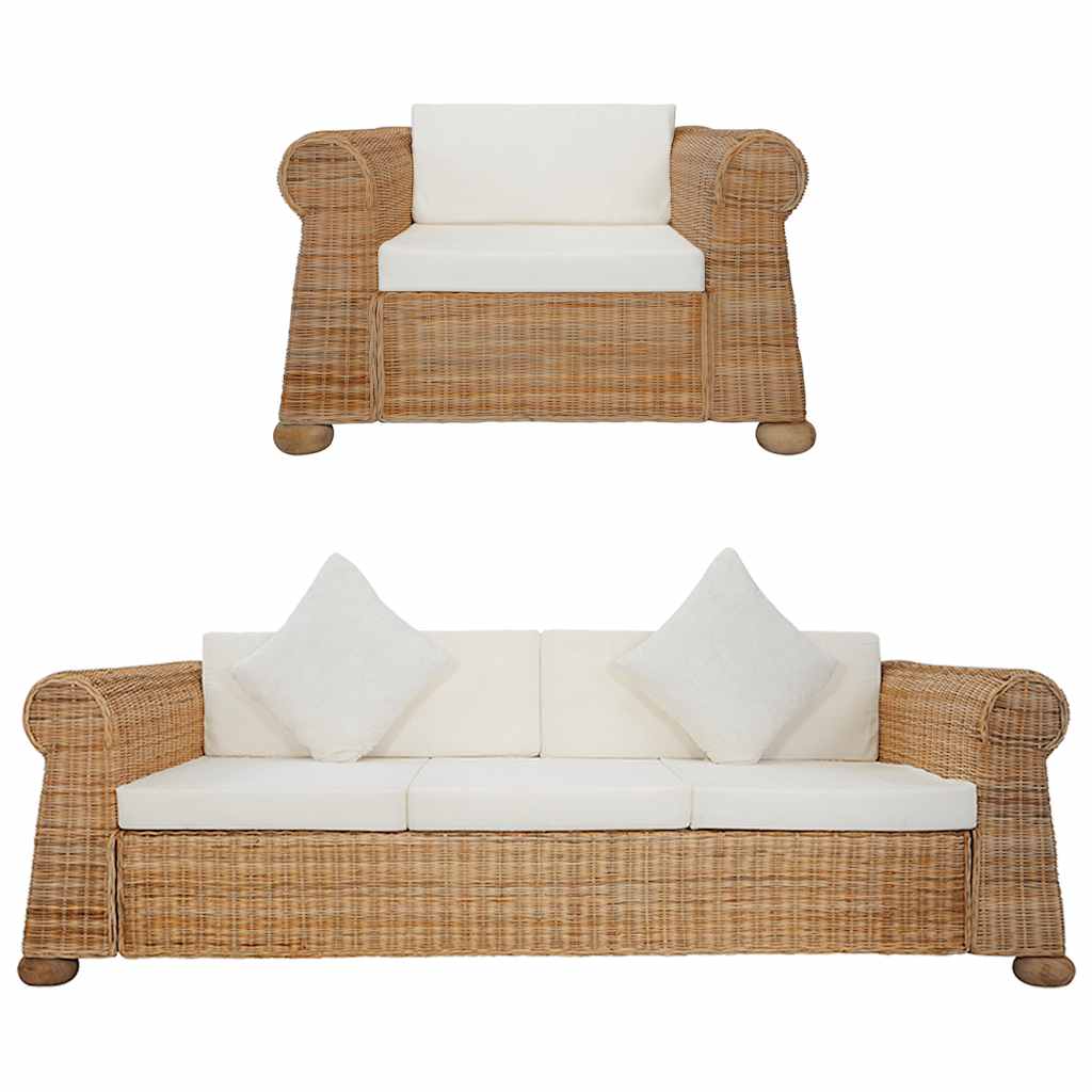 2-tlg. Sofagarnitur mit Kissen Natur Rattan