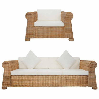 2-tlg. Sofagarnitur mit Kissen Natur Rattan
