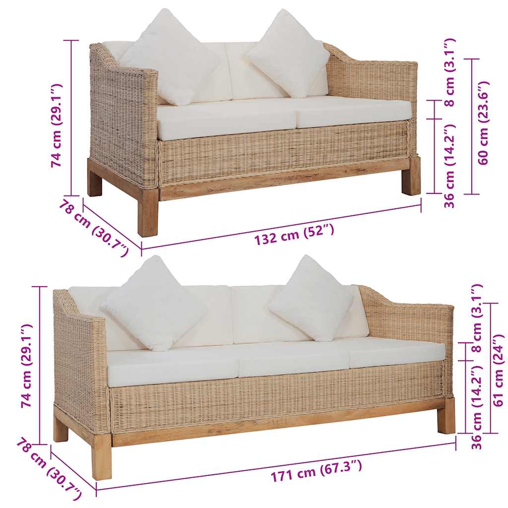 2-tlg. Sofagarnitur mit Auflagen Natur Rattan