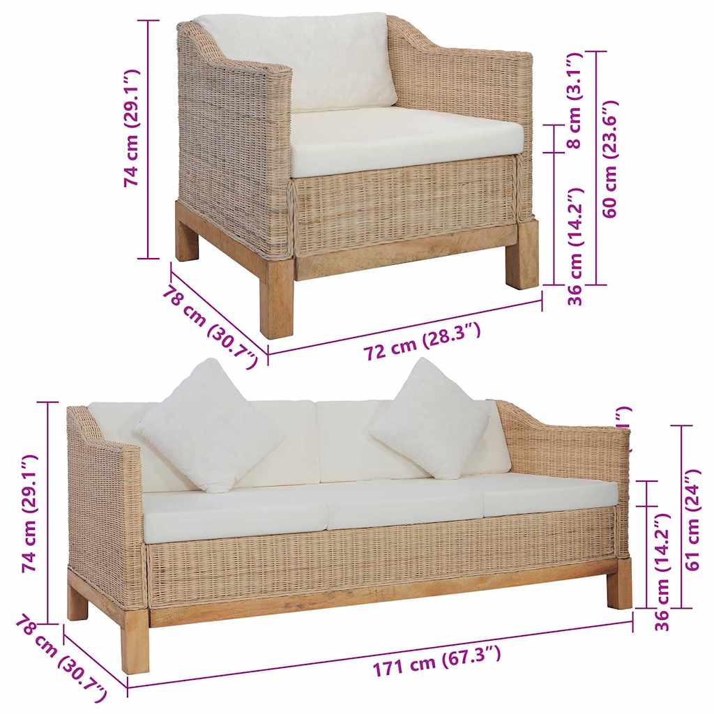 2-tlg. Sofagarnitur mit Auflagen Natur Rattan