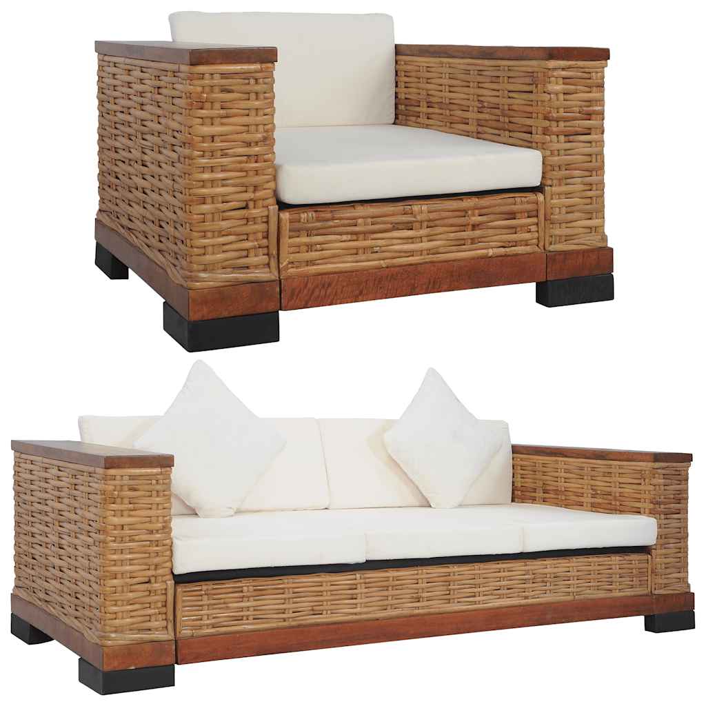 2-tlg. Sofagarnitur mit Auflagen Braun Natur Rattan