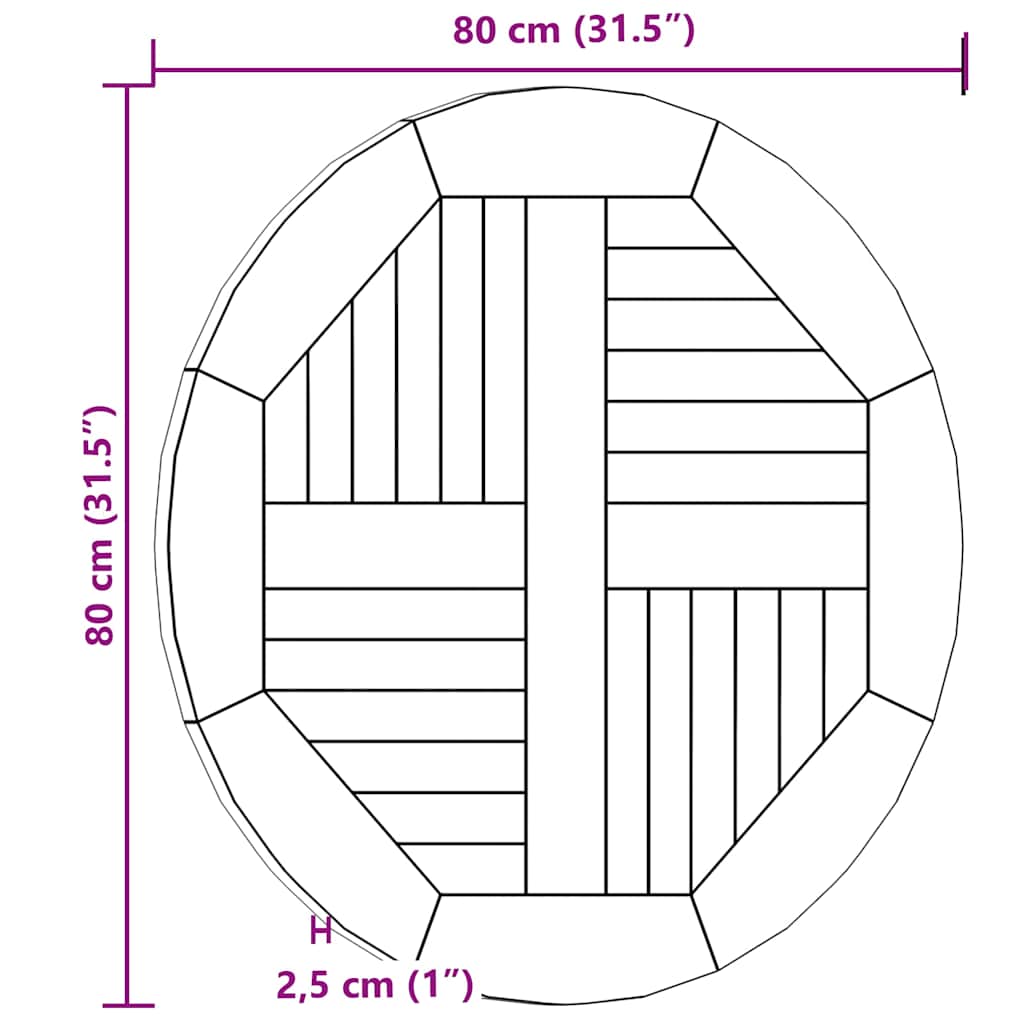 Tischplatte Massivholz Teak Rund 2,5 cm 80 cm