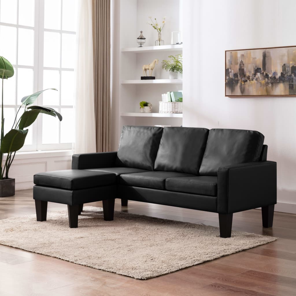 3-Sitzer-Sofa mit Hocker Schwarz Kunstleder