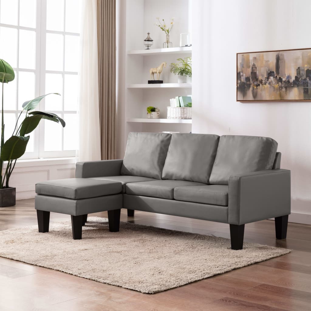 3-Sitzer-Sofa mit Hocker Grau Kunstleder