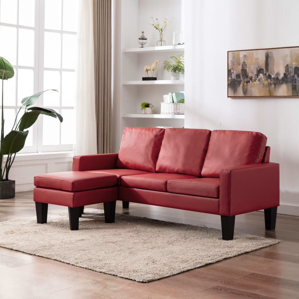3-Sitzer-Sofa mit Hocker Weinrot Kunstleder