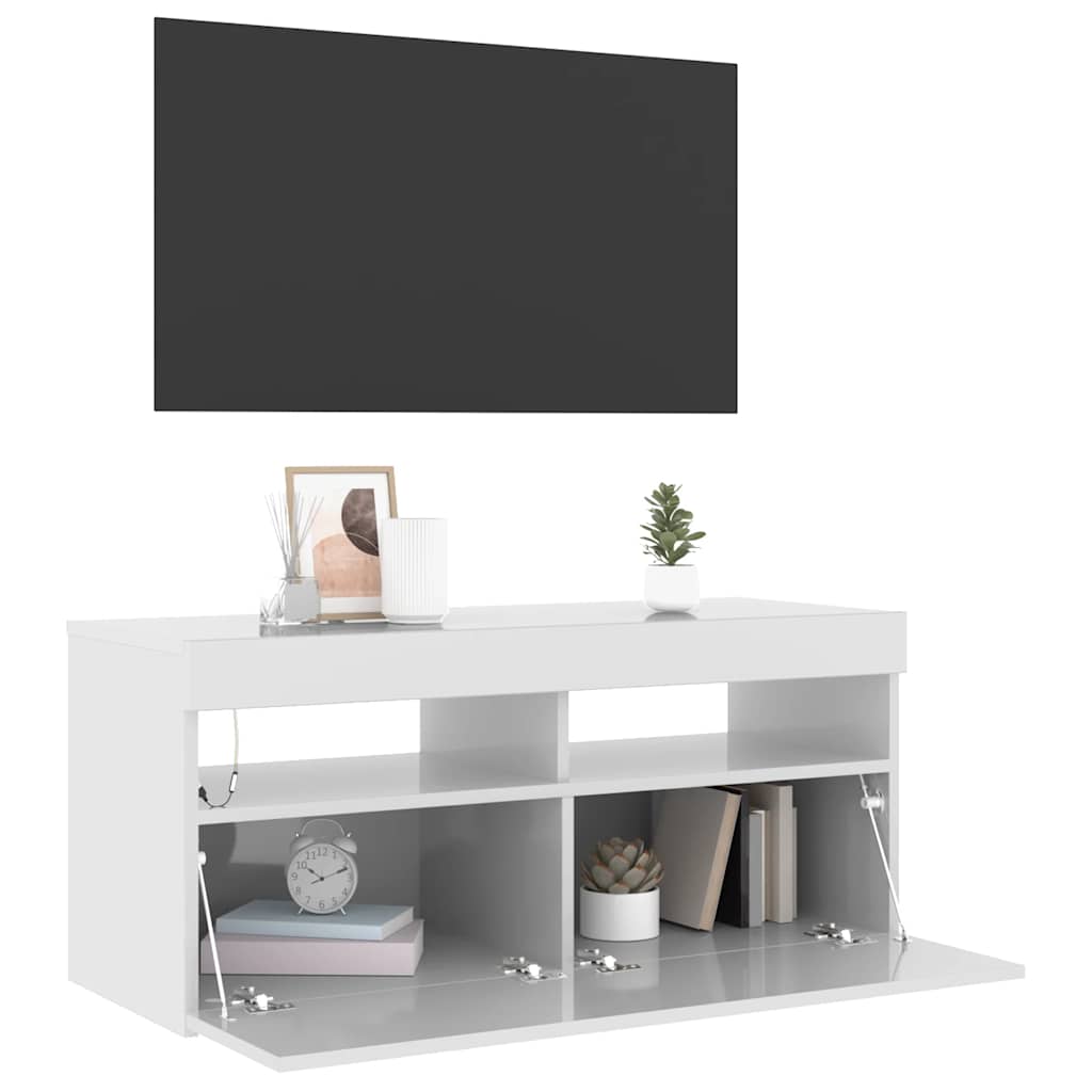 TV-Schrank mit LED-Leuchten Hochglanz-Weiß 90x35x40 cm