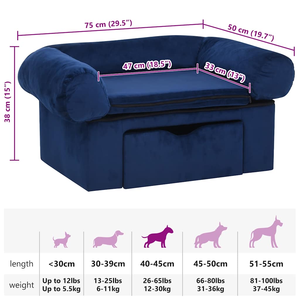 Hundesofa mit Schublade Blau 75x50x38 cm Plüsch