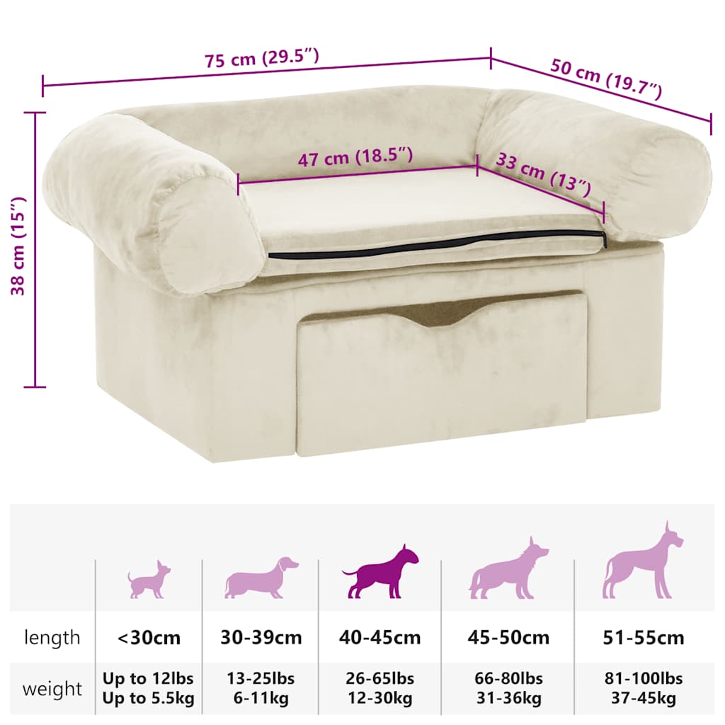 Hundesofa mit Schublade Creme 75x50x38 cm Plüsch