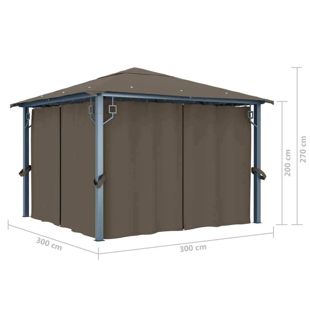 Pavillon mit Vorhängen & LED-Lichterkette 300x300 cm Taupe Alu