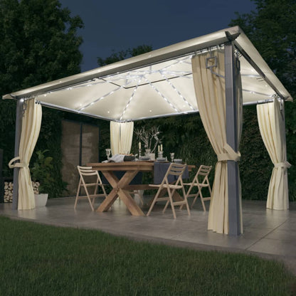 Pavillon mit Vorhängen & LED-Lichterkette 400x300 cm Creme Alu