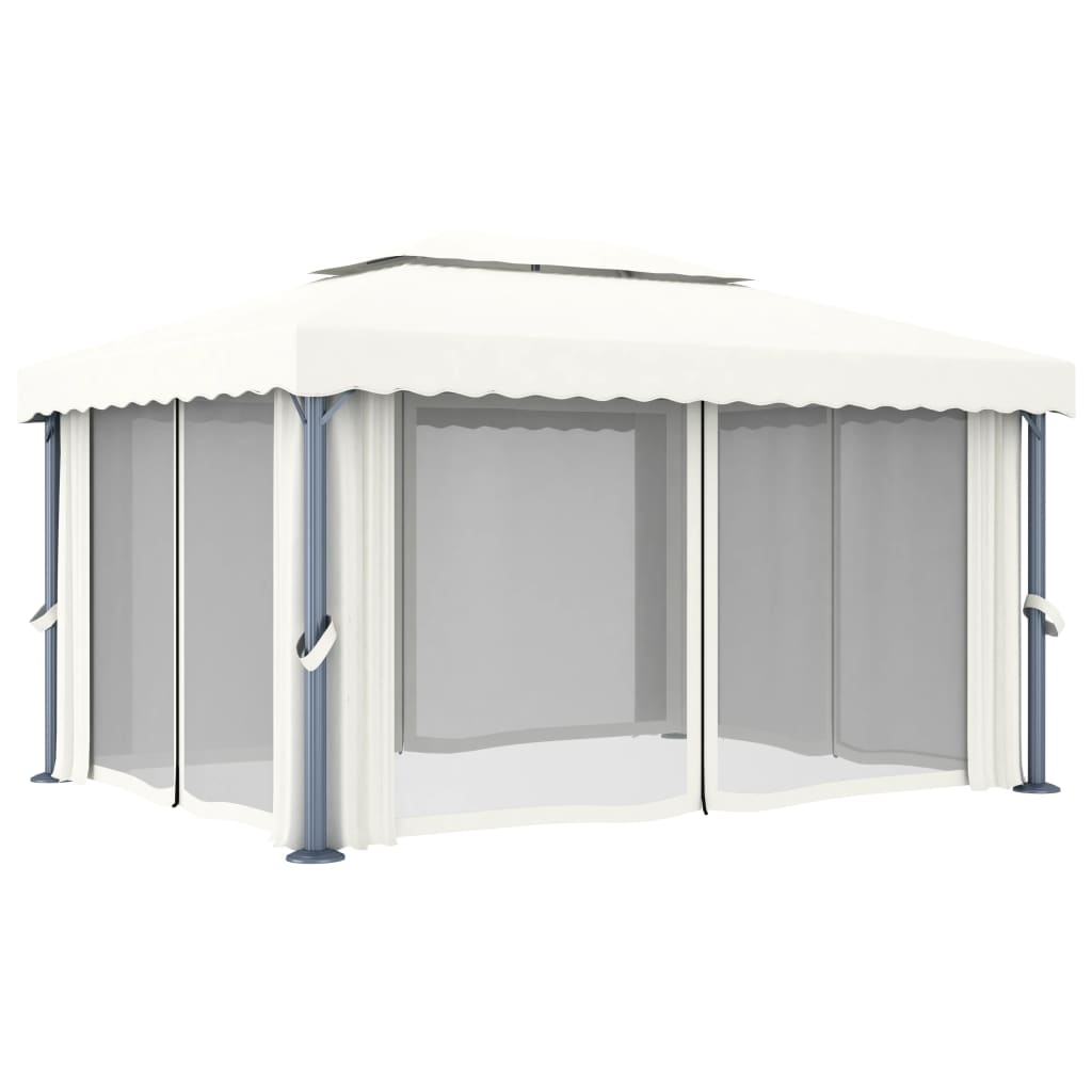 Pavillon mit Vorhängen & LED-Lichterketten 4x3 m Cremeweiß