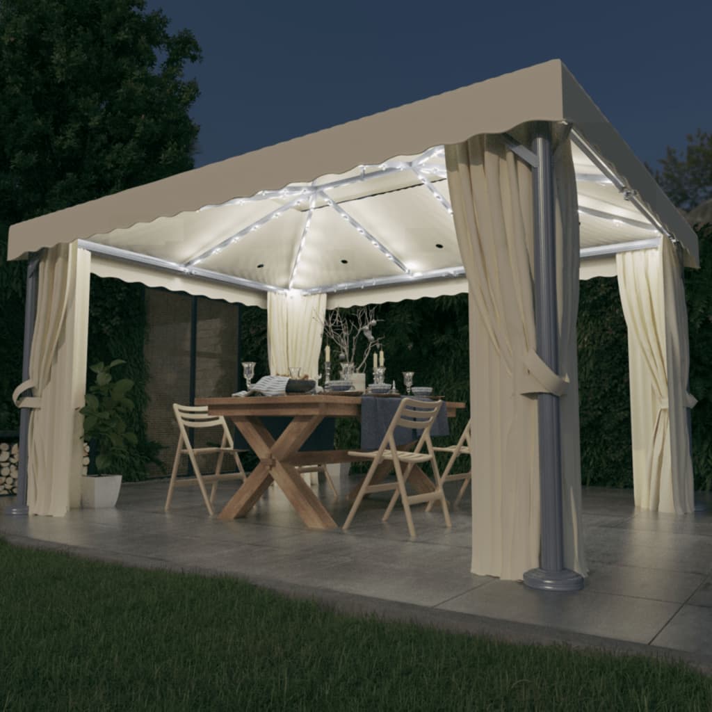 Pavillon mit Vorhängen & LED-Lichterketten 4x3 m Cremeweiß