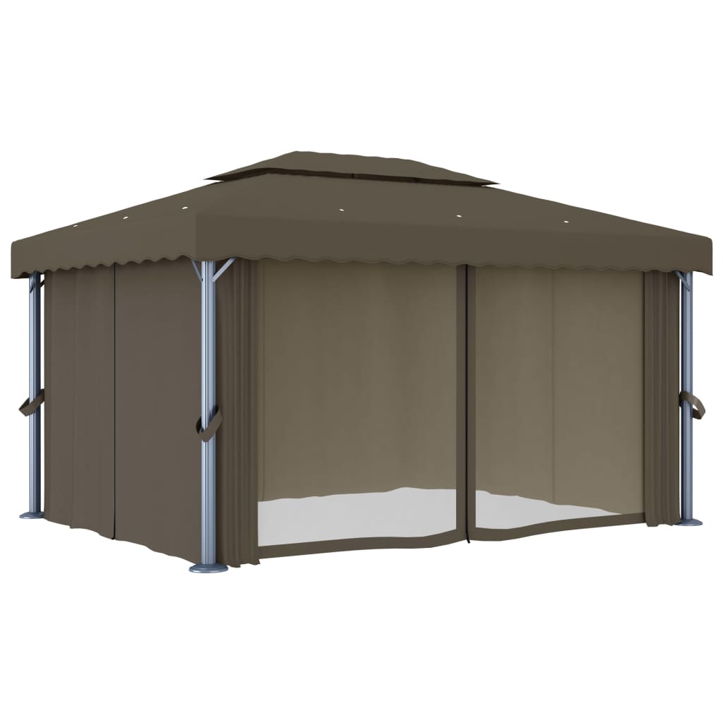 Pavillon mit Vorhängen & LED-Lichterkette 4x3 m Taupe