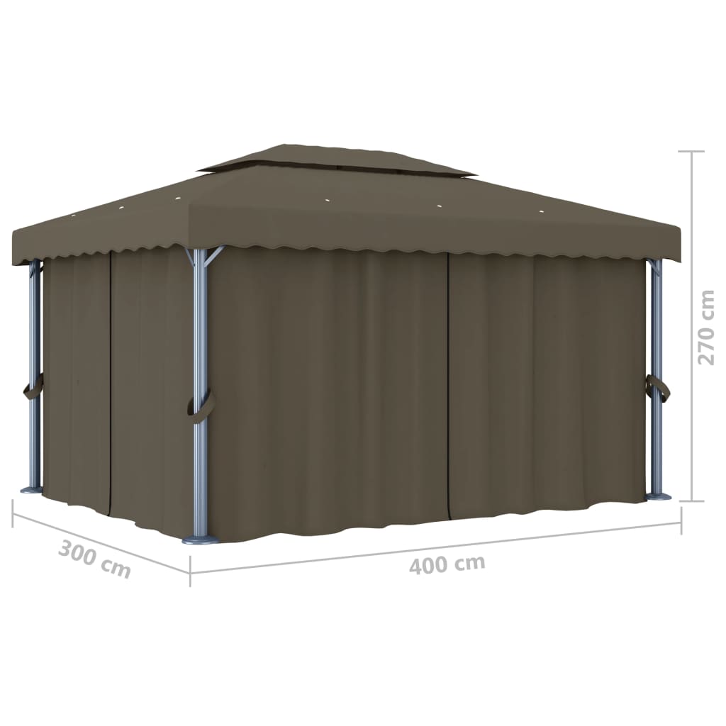 Pavillon mit Vorhängen & LED-Lichterkette 4x3 m Taupe
