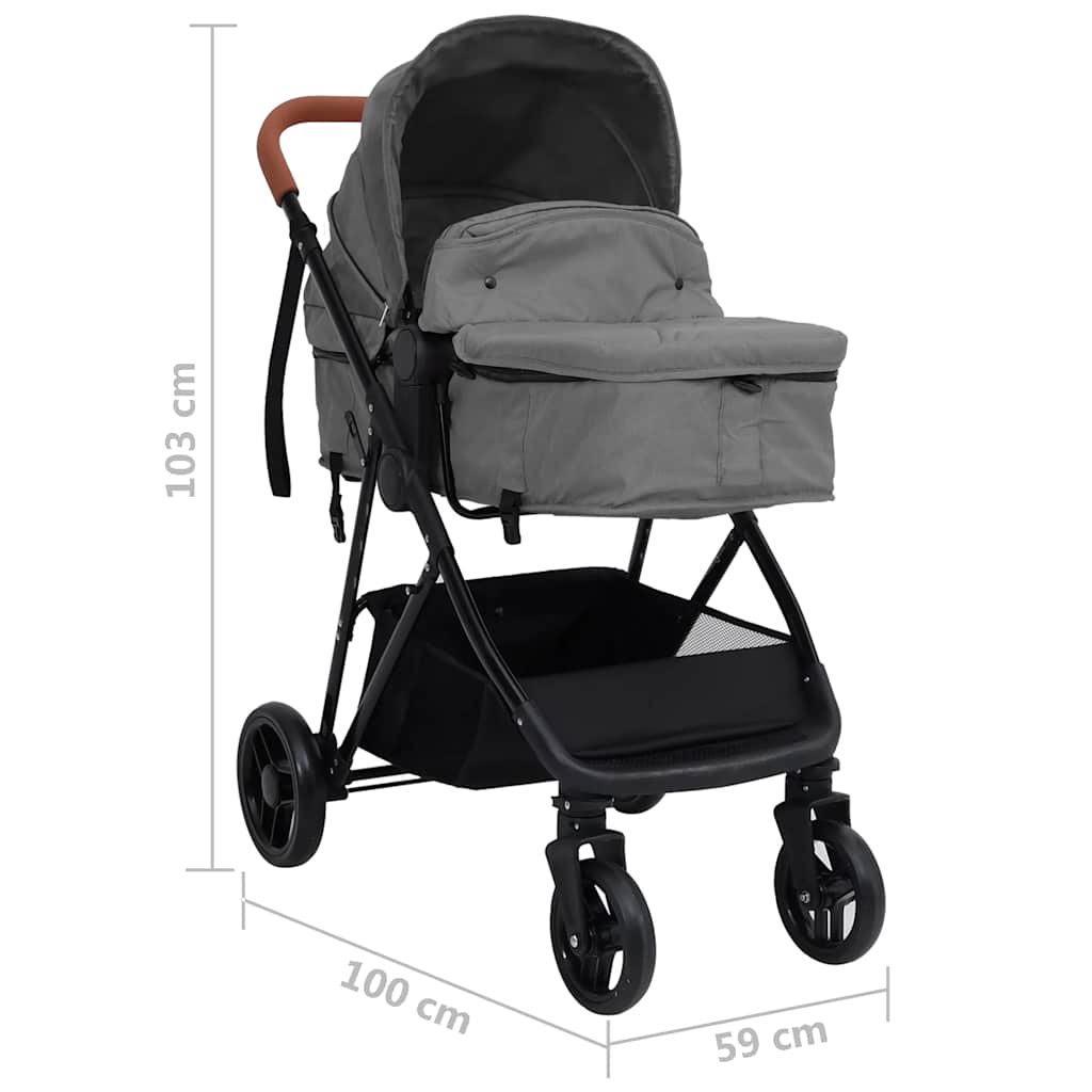 2-in-1 Kinderwagen Hellgrau und Schwarz Stahl
