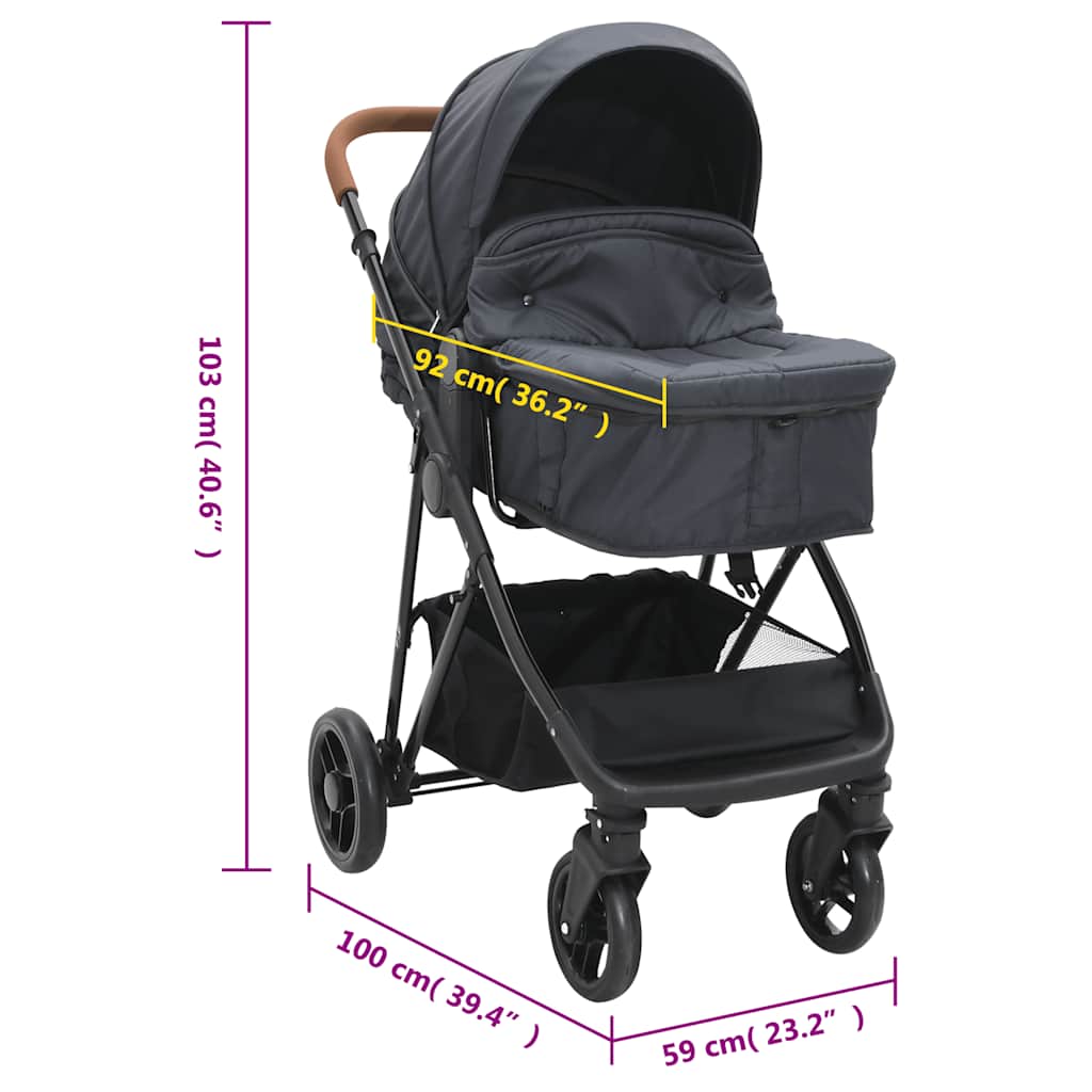 2-in-1 Kinderwagen Anthrazit und Schwarz Stahl