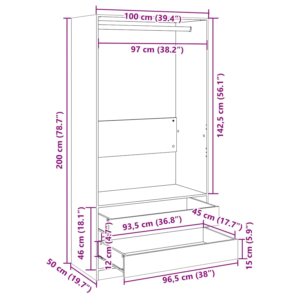 Kleiderschrank Grau Sonoma 100x50x200 cm Holzwerkstoff