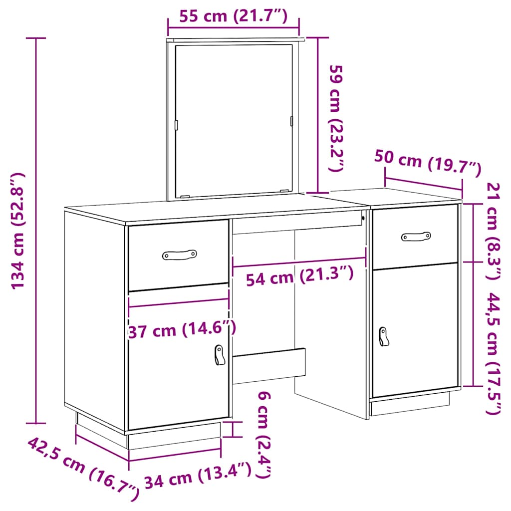 Schminktisch-Set mit Spiegel Honigbraun Massivholz Kiefer