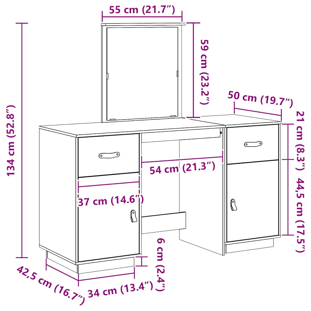 Schminktisch-Set mit Spiegel Schwarz Massivholz Kiefer