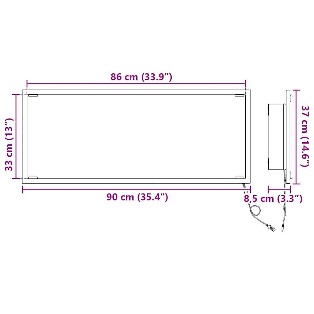 Spiegel Wandmontiert Grau Sonoma 90 x 8.5 x 37 cm Holzwerkstoff