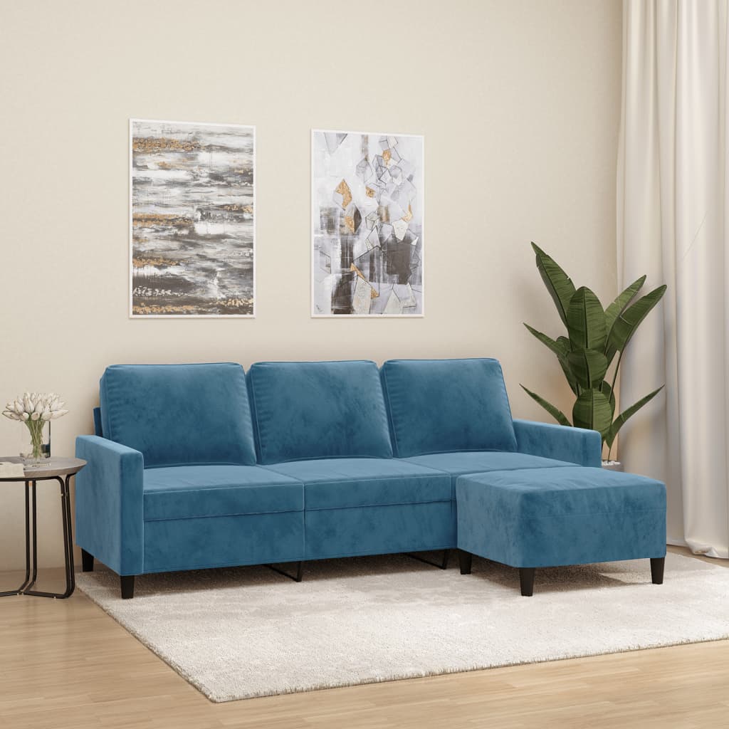 3-Sitzer-Sofa mit Hocker Blau 180 cm Samt