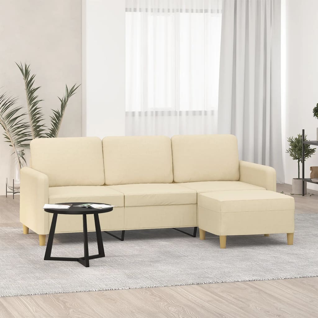 3-Sitzer-Sofa mit Hocker Creme 180 cm Stoff