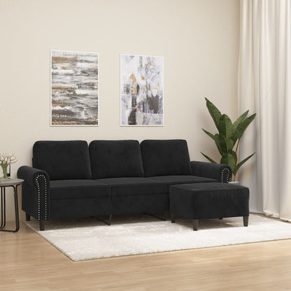 3-Sitzer-Sofa mit Hocker Schwarz 180 cm Samt