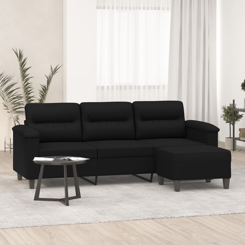 3-Sitzer-Sofa mit Hocker Schwarz 180 cm Mikrofasergewebe