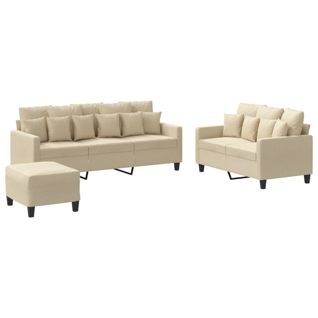 3-tlg. Sofagarnitur mit Kissen Creme Stoff