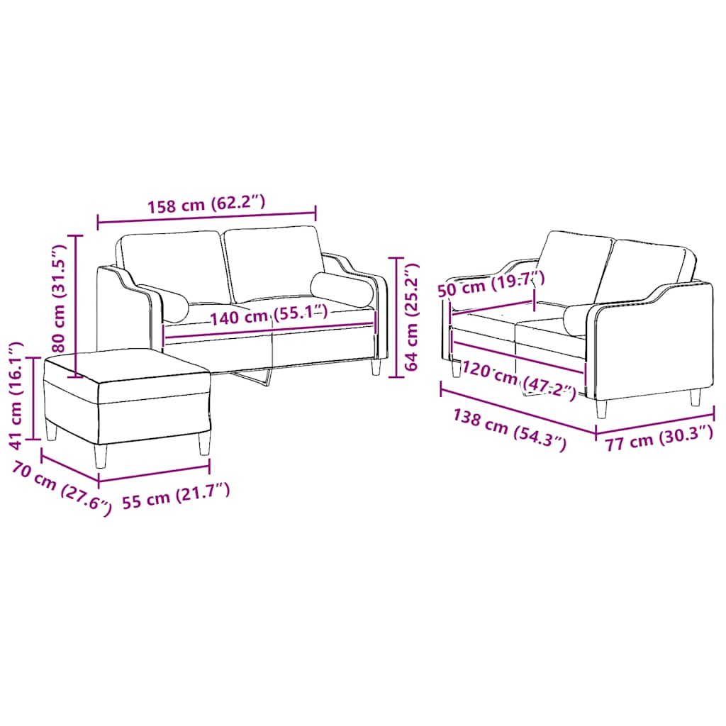 3-tlg. Sofagarnitur mit Kissen Hellgrau Stoff
