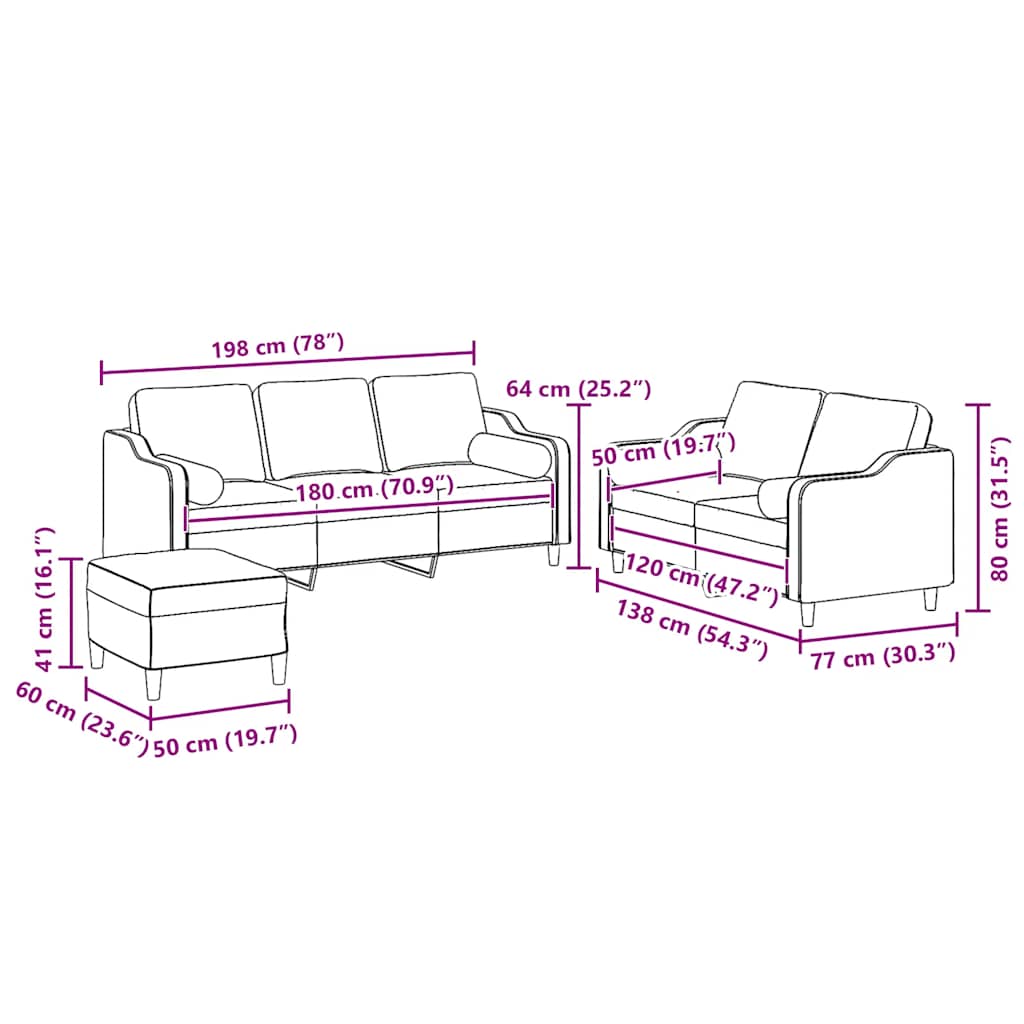3-tlg. Sofagarnitur mit Kissen Hellgrau Stoff