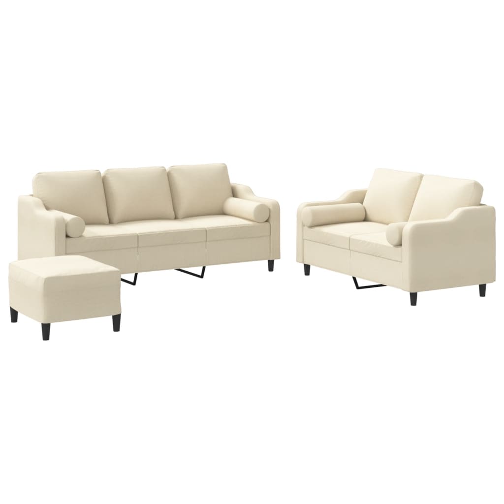 3-tlg. Sofagarnitur mit Kissen Creme Stoff