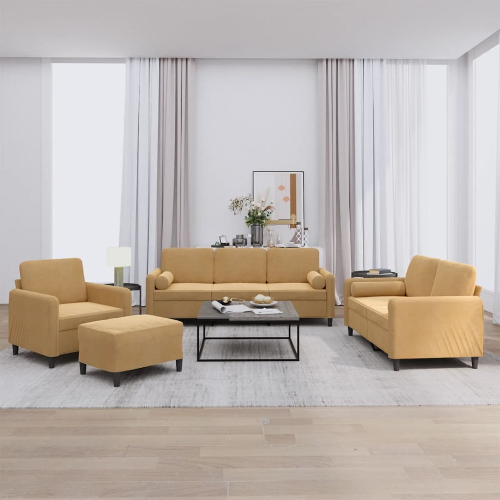 4-tlg. Sofagarnitur mit Kissen Braun Samt